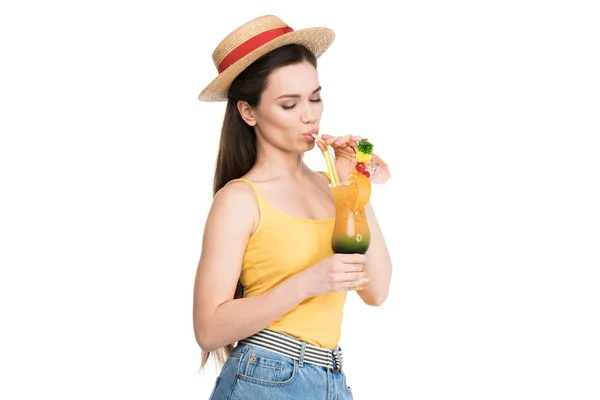 Attractive Young Girl Drinking Cocktail Isolated White — Free Stock Photo