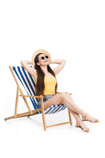 Feliz Joven Mujer Descansando Silla Playa Aislado Blanco — Foto de Stock