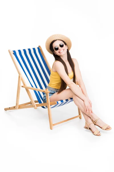 Attractive Smiling Girl Sitting Beach Chair Isolated White — Stock Photo, Image