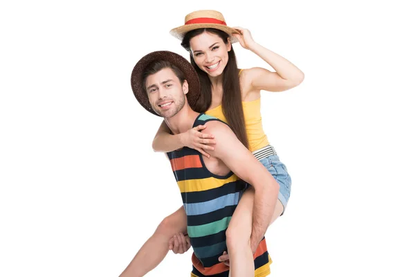 Handsome Man Piggybacking His Smiling Girlfriend Isolated White — Stock Photo, Image