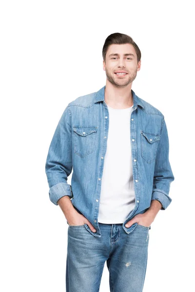 Stilig Leende Man Jeans Tittar Kameran Isolerad Vit — Stockfoto