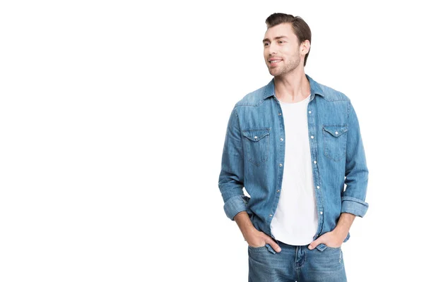 Junger Schöner Mann Jeans Isoliert Auf Weißem Grund — Stockfoto