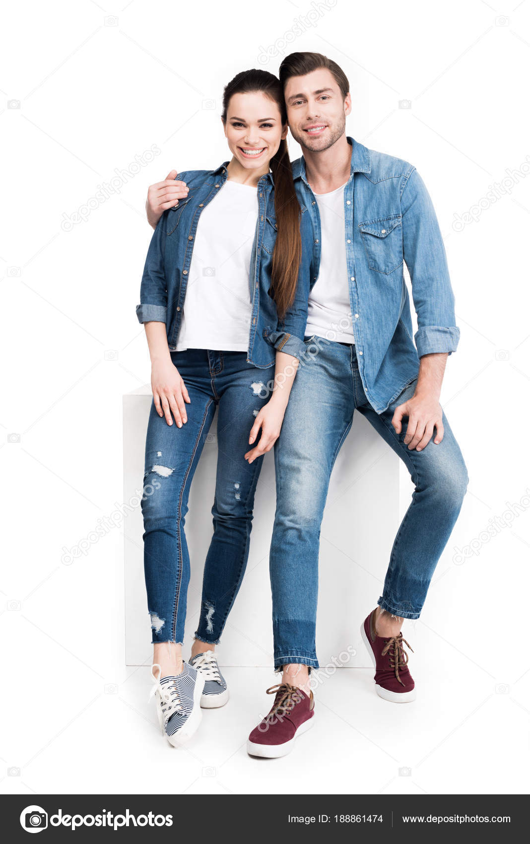 Hugging Smiling Couple Jeans Isolated White Stock Photo by ©AllaSerebrina  188861474