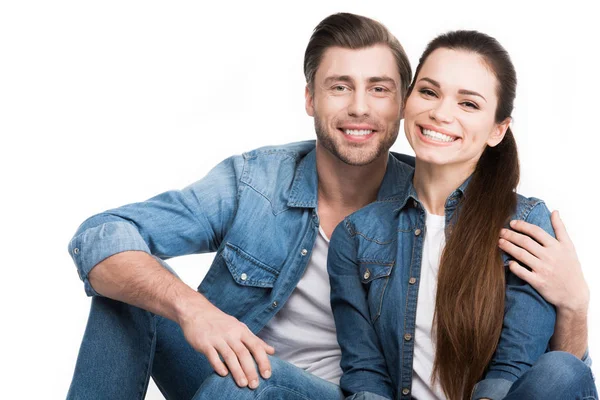 Smiling Couple Hugging Looking Camera Isolated White — Stock Photo, Image