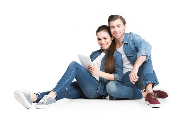 Cheerful Couple Sitting Using Tablet Isolated White — Stock Photo, Image