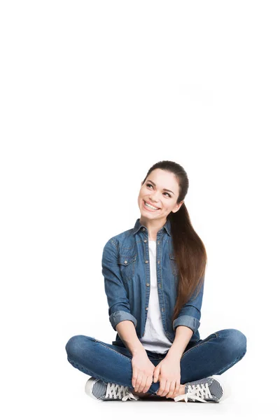 Attractive Smiling Woman Sitting Jeans Isolated White — Stock Photo, Image