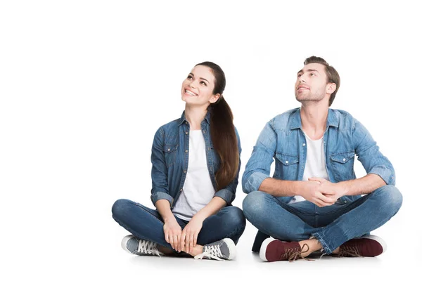 Couple Sitting Denim Clothes Isolated White — Stock Photo, Image