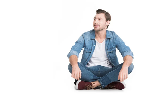 Schöner Lächelnder Mann Jeans Isoliert Auf Weiß — Stockfoto