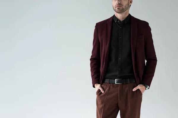 Abgeschnittene Ansicht Eines Mannes Der Stylischem Trendigem Anzug Posiert Isoliert — kostenloses Stockfoto