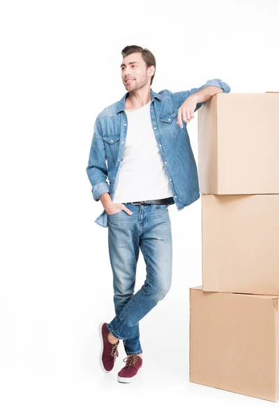 Happy Young Man Moving Cardboard Boxes Isolated White — Stock Photo, Image