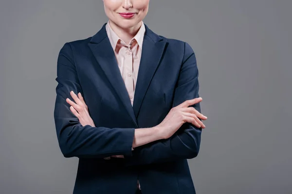 Cropped Shot Smiling Businesswoman Crossed Arms Isolated Grey — Stock Photo, Image