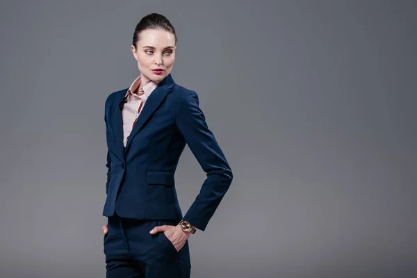 Attractive Adult Businesswoman Hands Pockets Looking Away Isolated Grey — Stock Photo, Image