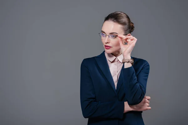 Beautiful Adult Businesswoman Stylish Suit Eyeglasses Looking Away Isolated Grey — Stock Photo, Image