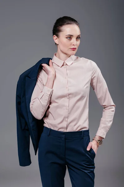 Stylish Adult Businesswoman Jacket Shoulder Looking Away Isolated Grey — Stock Photo, Image
