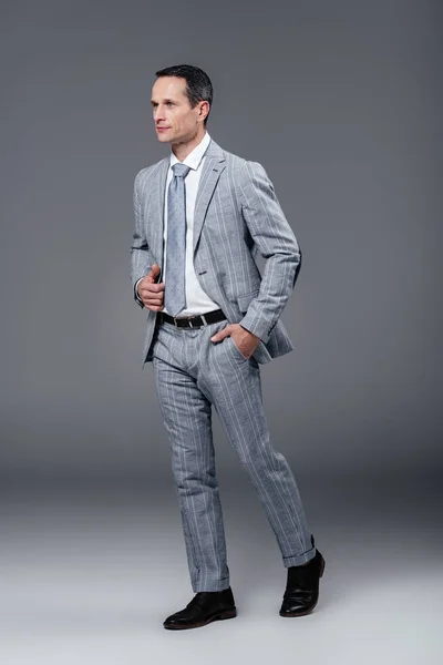 Handsome Adult Businessman Stylish Suit Walking Grey — Stock Photo, Image