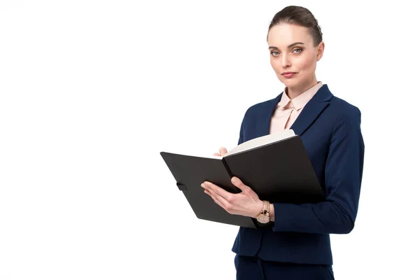 Confident Adult Businesswoman Writing Notebook Looking Camera Isolated White — Stock Photo, Image