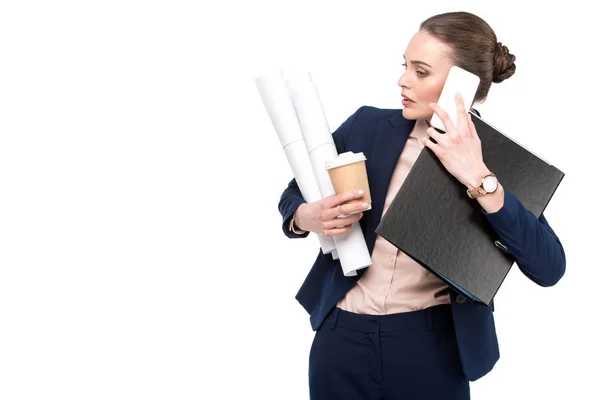 Overwerkt Volwassen Zakenvrouw Met Veel Papierwerk Koffie Gaan Praten Telefoon — Stockfoto