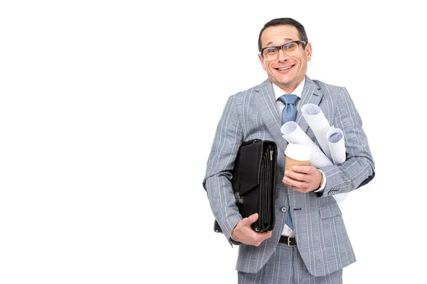 Sonriente Empresario Sobrecargado Trabajo Con Rollos Papeleo Café Aislado Blanco — Foto de stock gratis