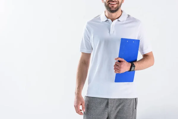 Cropped Shot Smiling Rehabilitation Therapist Notepad Isolated Grey — Free Stock Photo