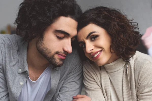 Tender Affectionate Couple Touching Foreheads Home — Stock Photo, Image