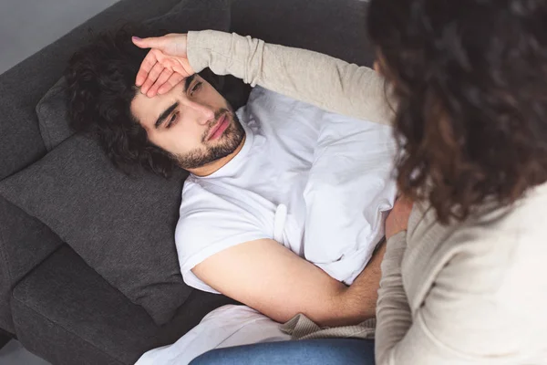 High Angle View Girlfriend Touching Sick Boyfriend Forehead Home — Stock Photo, Image