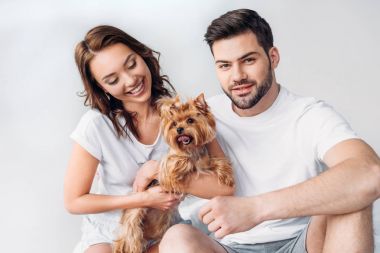 yorkshire terrier gri izole ile çift gülümseyen genç portresi