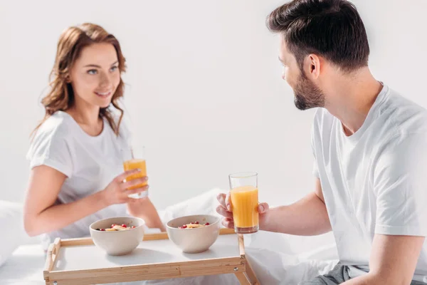 Young Couple Having Breakfast Bed Morning Together Isolated Grey — Stock Photo, Image