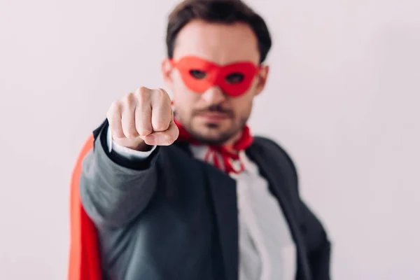 Handsome Super Businessman Mask Cape Showing Fist Isolated White — Stock Photo, Image