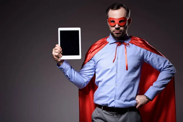 Handsome Super Businessman Mask Cape Holding Tablet Isolated Black — Stock Photo, Image