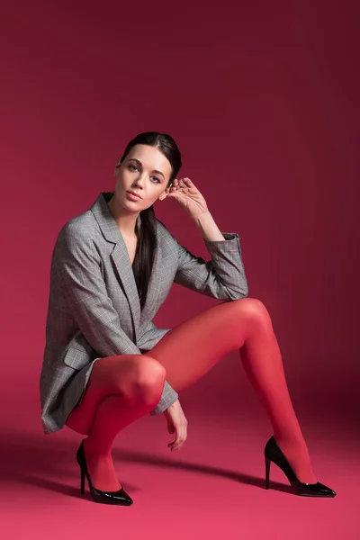 Mujer Atractiva Pantimedias Rojas Chaqueta Gris Sobre Fondo Rojo —  Fotos de Stock