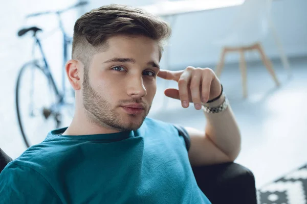 Close Portrait Handsome Young Man Looking Camera — Stock Photo, Image