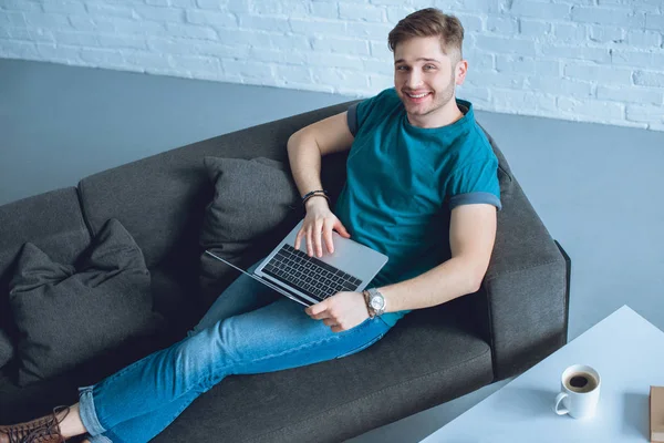High Angle View Handsome Young Freelancer Using Laptop Smiling Camera — Stock Photo, Image