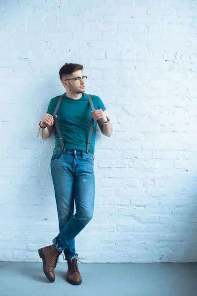 Handsome Young Man Wearing Wearing Jeans Suspenders Standing White Wall — Stock Photo, Image