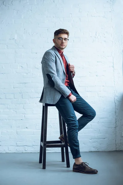 Handsome Young Man Wearing Suit Sitting Tall Chair — Stock Photo, Image