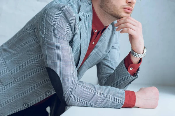 Bearded Young Man Wearing Grey Jacket Leaning Windowsill — Stock Photo, Image