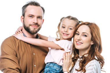 mutlu aile beyaz izole kamera gülümseyen bir çocuk ile