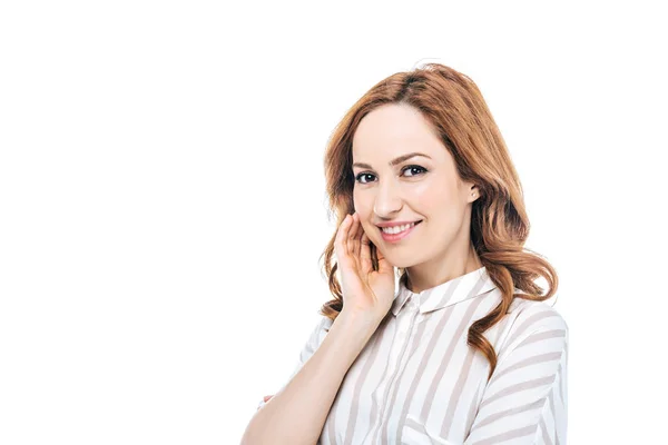 Retrato Mulher Bonita Sorrindo Para Câmera Isolada Branco — Fotografia de Stock