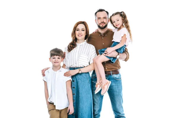 Happy Family Two Kids Standing Together Smiling Camera Isolated White — Stock Photo, Image