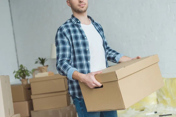 Partial View Man Cardboard Box Hands New Home Relocation Concept — Stock Photo, Image