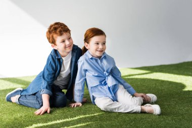 birlikte çimenlerin üzerinde oturan ve uzak seyir gri çok güzel mutlu kızıl çocuklar