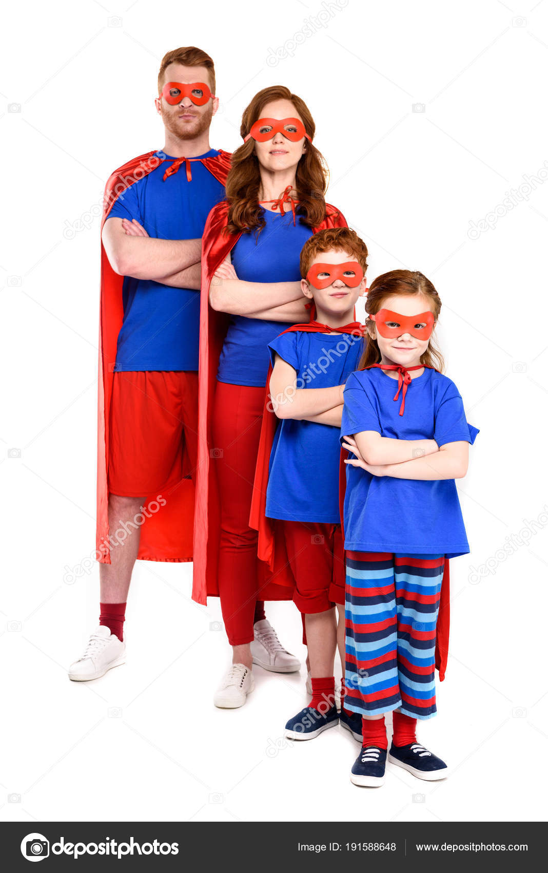 Confident Super Family Costumes Standing Crossed Arms Looking Camera Isolated Stock Photo by ...