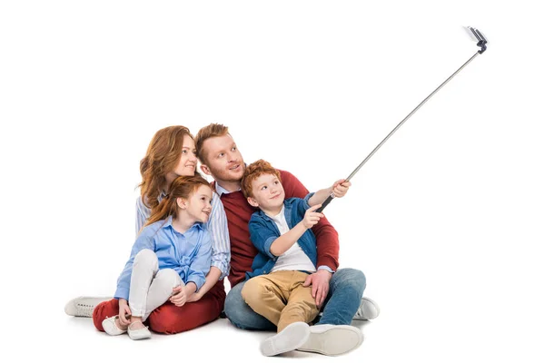 Happy Red Haired Family Sitting Together Taking Selfie Smartphone Isolated — Stock Photo, Image