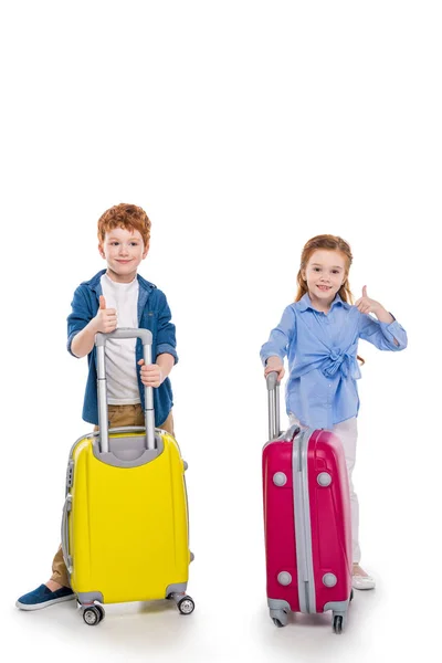 Adorable Smiling Redhead Kids Standing Suitcases Showing Thumbs Isolated White — Stock Photo, Image