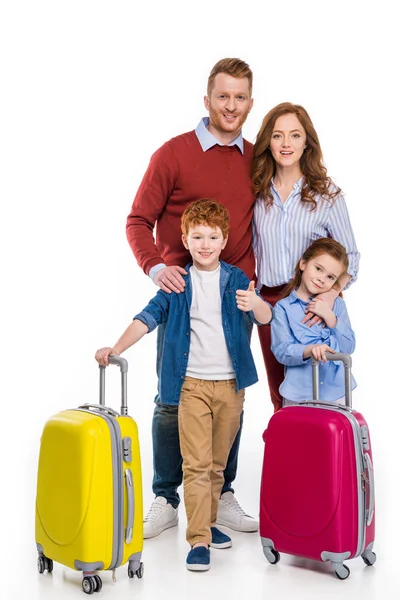 Happy Redhead Family Suitcases Standing Together Smiling Camera Isolated White — Stock Photo, Image