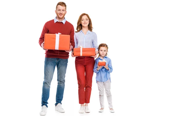 Happy Red Haired Family Holding Presents Smiling Camera Isolated White — Stock Photo, Image