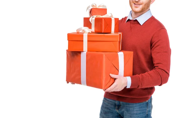 Tiro Recortado Del Hombre Sosteniendo Cajas Regalo Aisladas Blanco — Foto de Stock