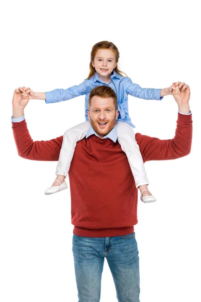 快乐的父亲和女儿牵着手和微笑在相机上的白色隔离 — 图库照片