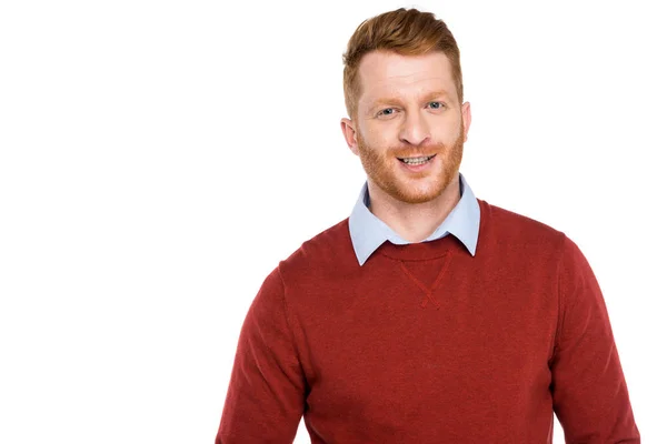 Portrait Handsome Bearded Redhead Man Smiling Camera Isolated White — Stock Photo, Image