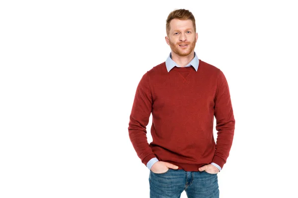 Portrait Handsome Redhead Man Standing Hands Pockets Smiling Camera Isolated — Stock Photo, Image