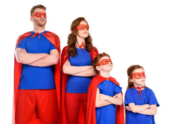 Confident Family Superheroes Costumes Standing Crossed Arms Looking Away Isolated — Stock Photo, Image
